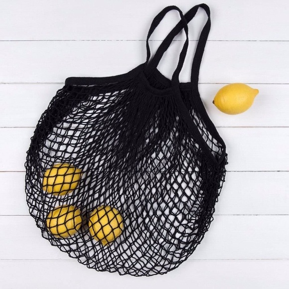 💥 CLEARANCE Cotton Net Short Handle French Market Bag Black - Picture 3 of 5